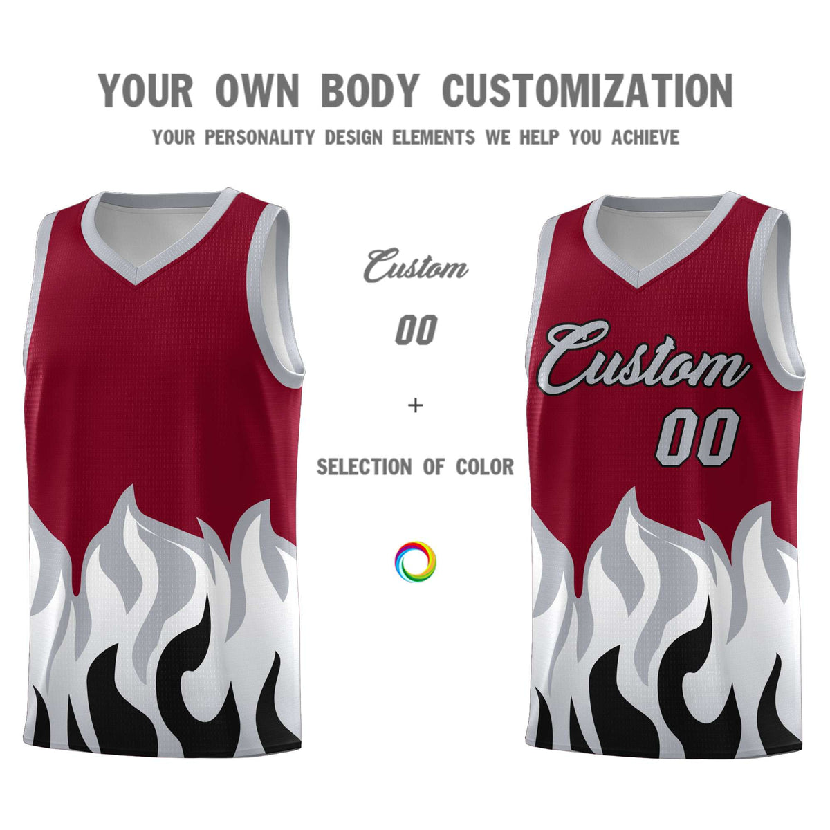 Custom Crimson Gray Hem Flame Pattern Fashion Sports Uniform Basketball Kits
