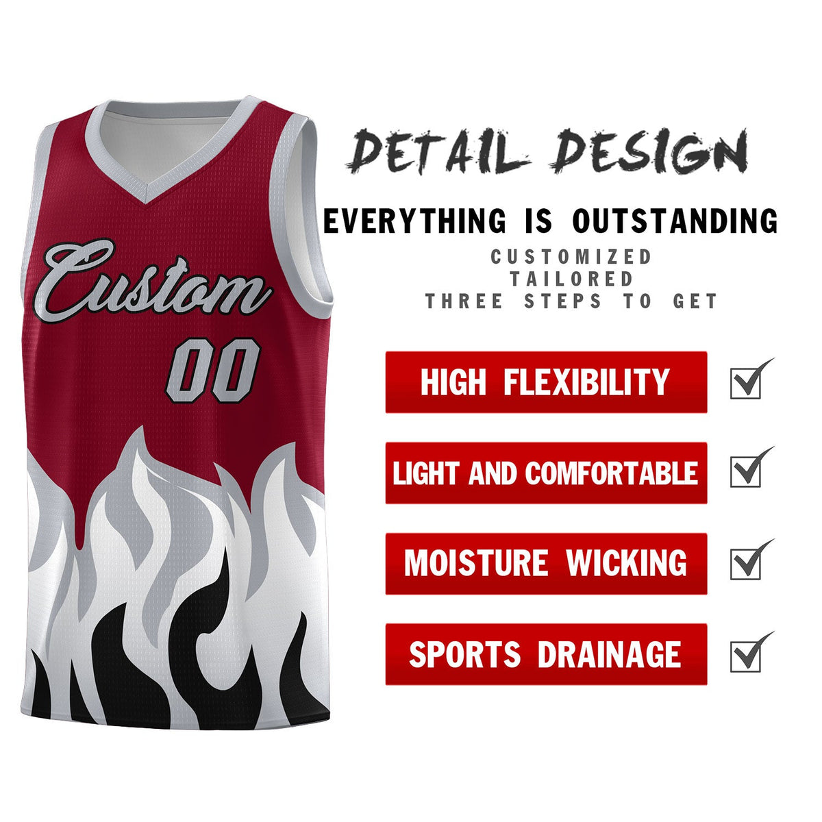 Custom Crimson Gray Hem Flame Pattern Fashion Sports Uniform Basketball Kits