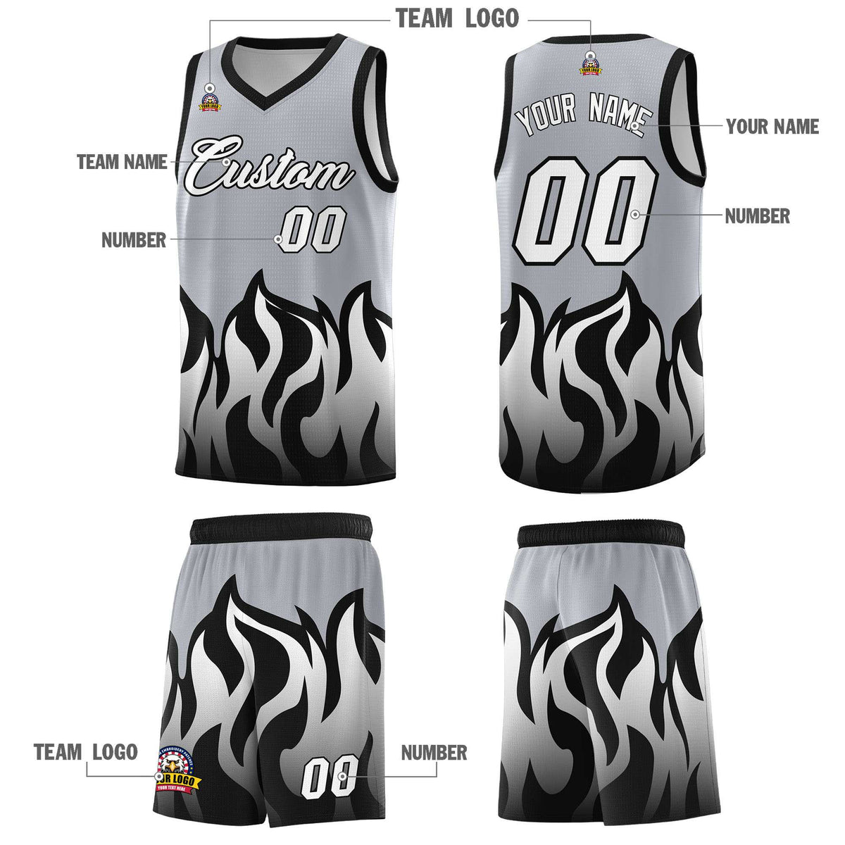 Custom Gray Black Hem Flame Pattern Fashion Sports Uniform Basketball Kits