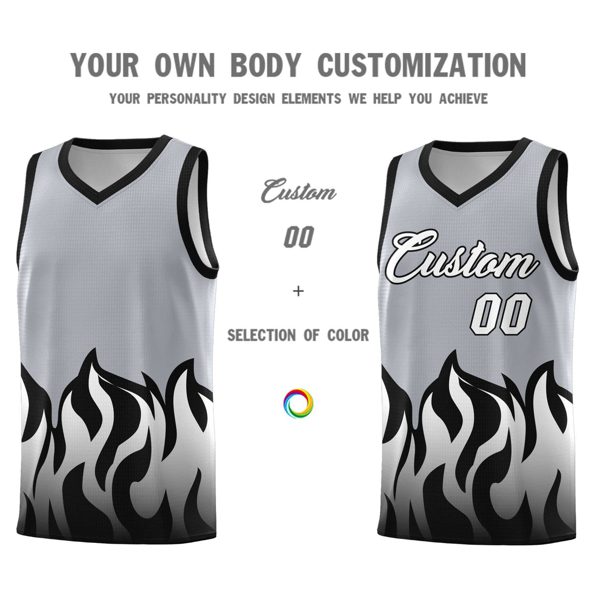 Custom Gray Black Hem Flame Pattern Fashion Sports Uniform Basketball Kits