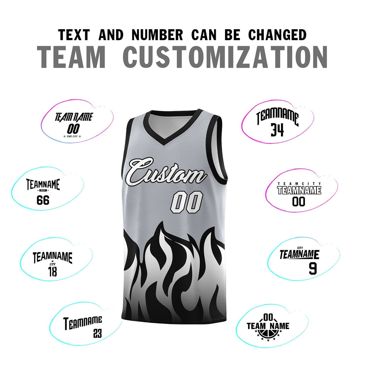 Custom Gray Black Hem Flame Pattern Fashion Sports Uniform Basketball Kits