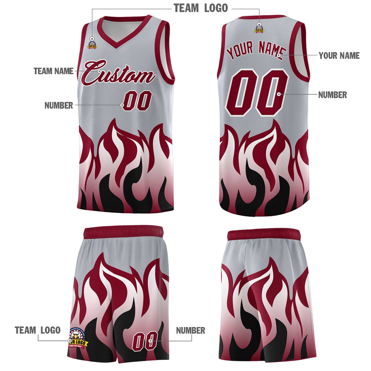 Custom Gray Crimson Hem Flame Pattern Fashion Sports Uniform Basketball Kits