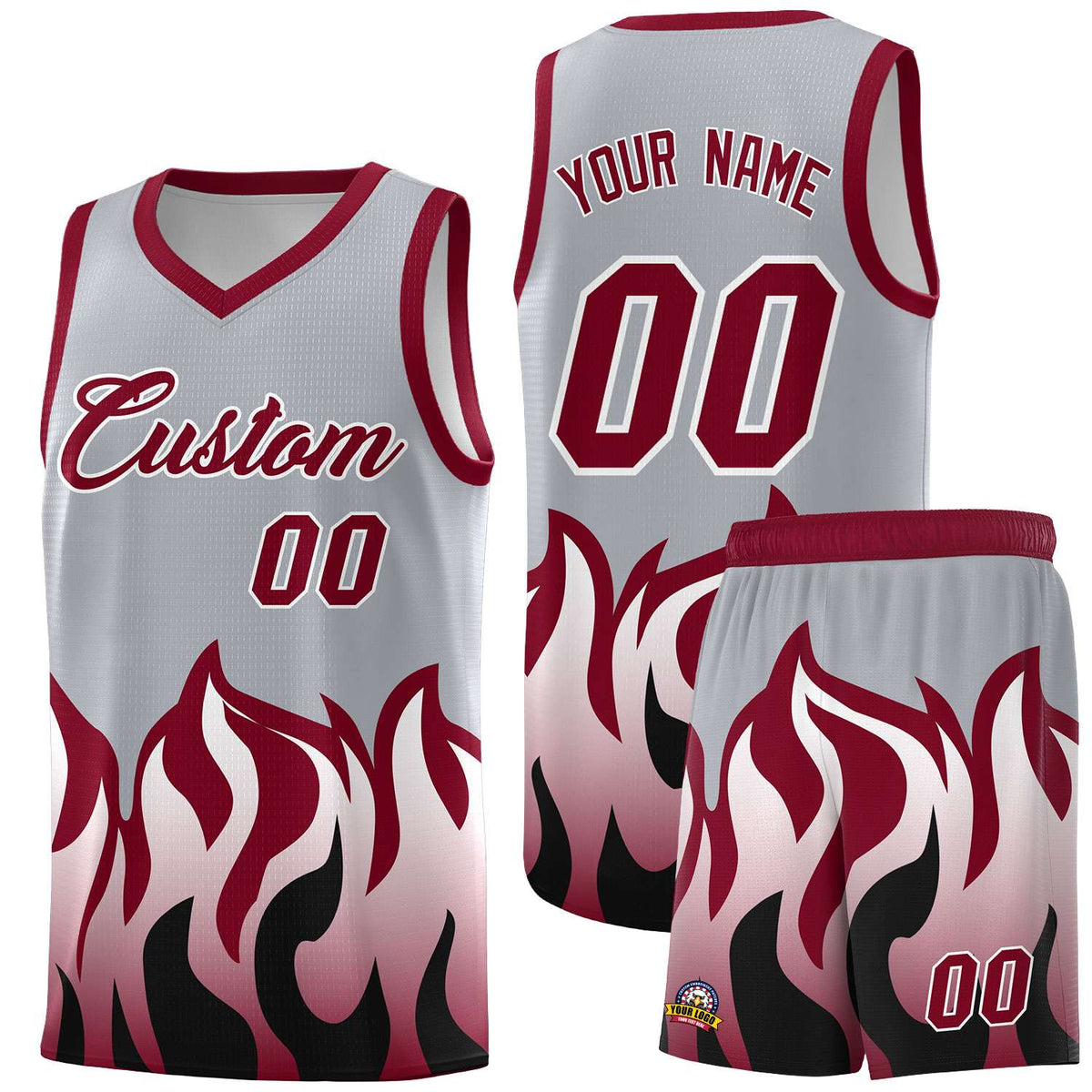 Custom Gray Crimson Hem Flame Pattern Fashion Sports Uniform Basketball Kits