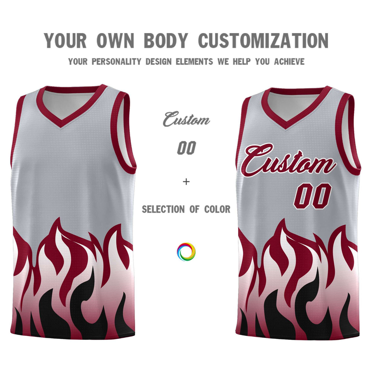 Custom Gray Crimson Hem Flame Pattern Fashion Sports Uniform Basketball Kits