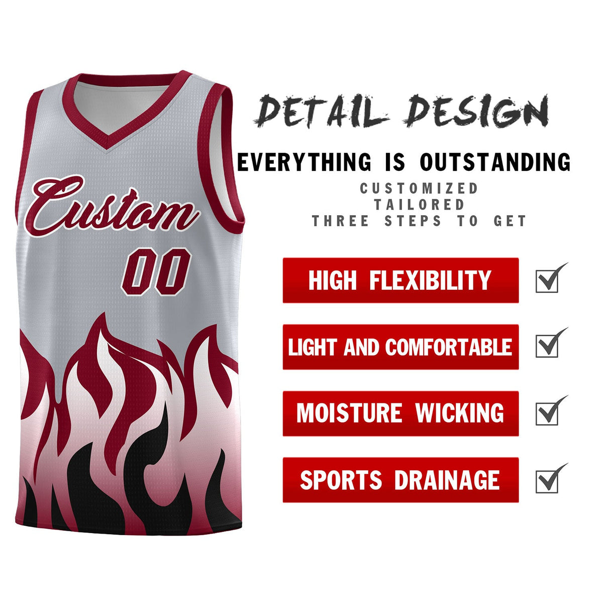 Custom Gray Crimson Hem Flame Pattern Fashion Sports Uniform Basketball Kits