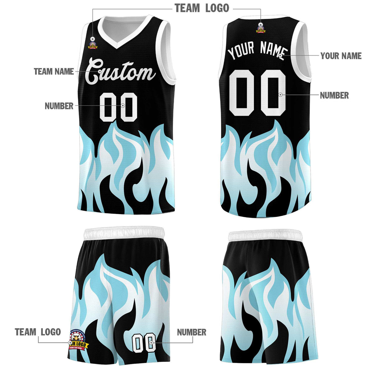 Custom Black Sky Blue Hem Flame Pattern Fashion Sports Uniform Basketball Kits