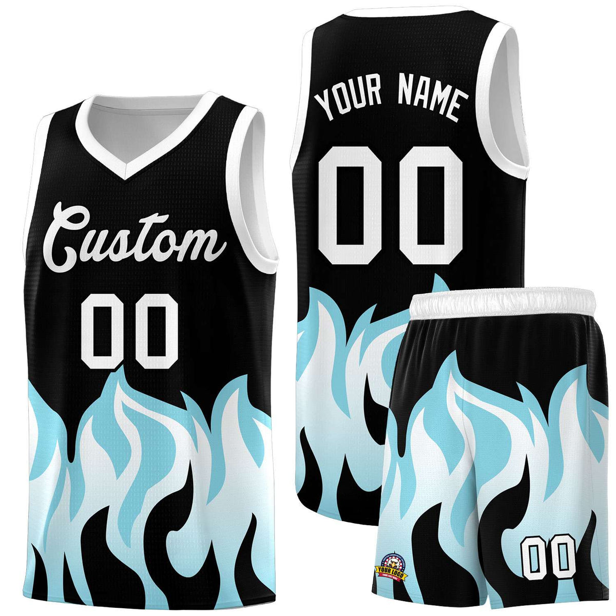 Custom Black Sky Blue Hem Flame Pattern Fashion Sports Uniform Basketball Kits