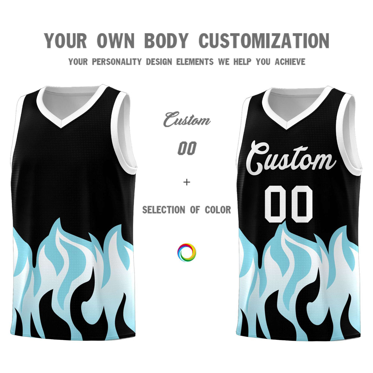 Custom Black Sky Blue Hem Flame Pattern Fashion Sports Uniform Basketball Kits