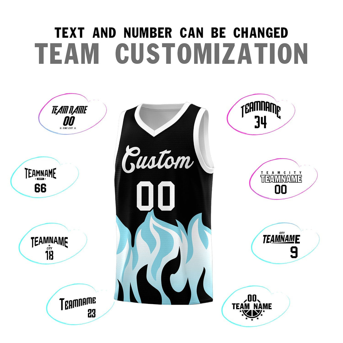 Custom Black Sky Blue Hem Flame Pattern Fashion Sports Uniform Basketball Kits