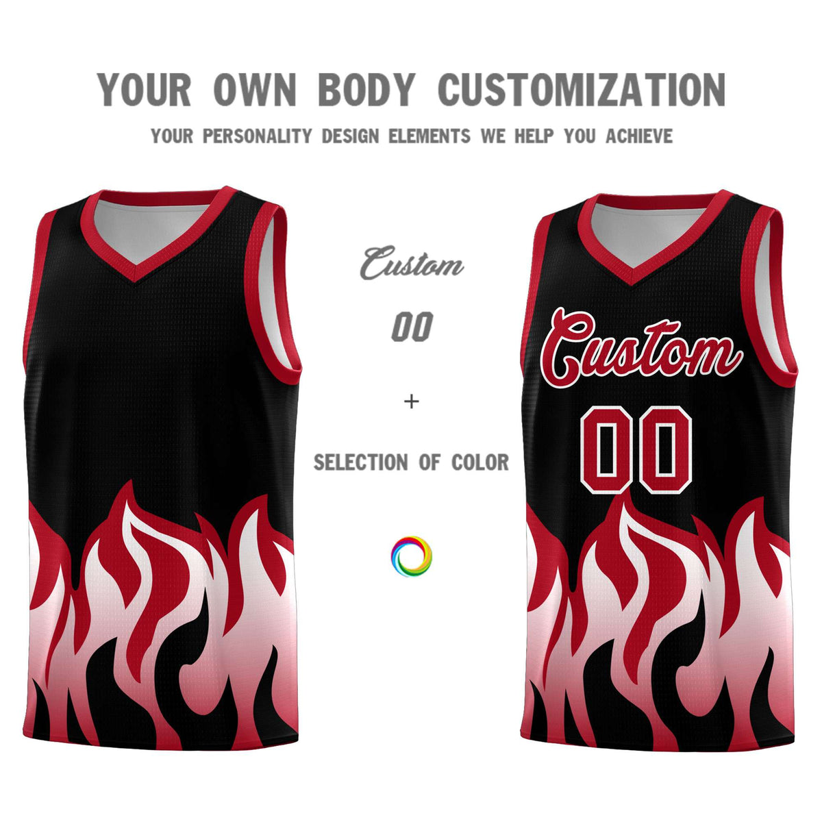 Custom Black Red Hem Flame Pattern Fashion Sports Uniform Basketball Kits
