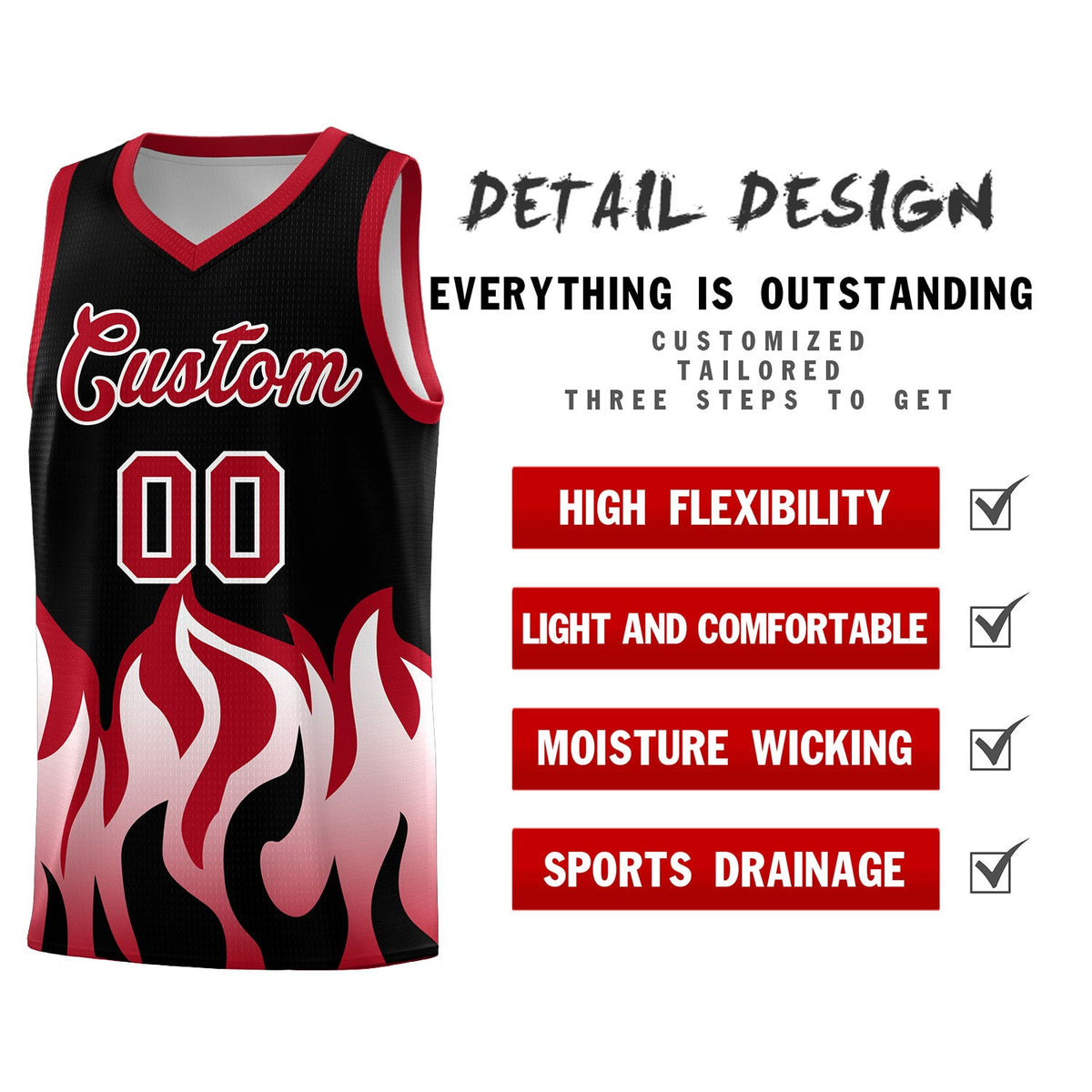 Custom Black Red Hem Flame Pattern Fashion Sports Uniform Basketball Kits