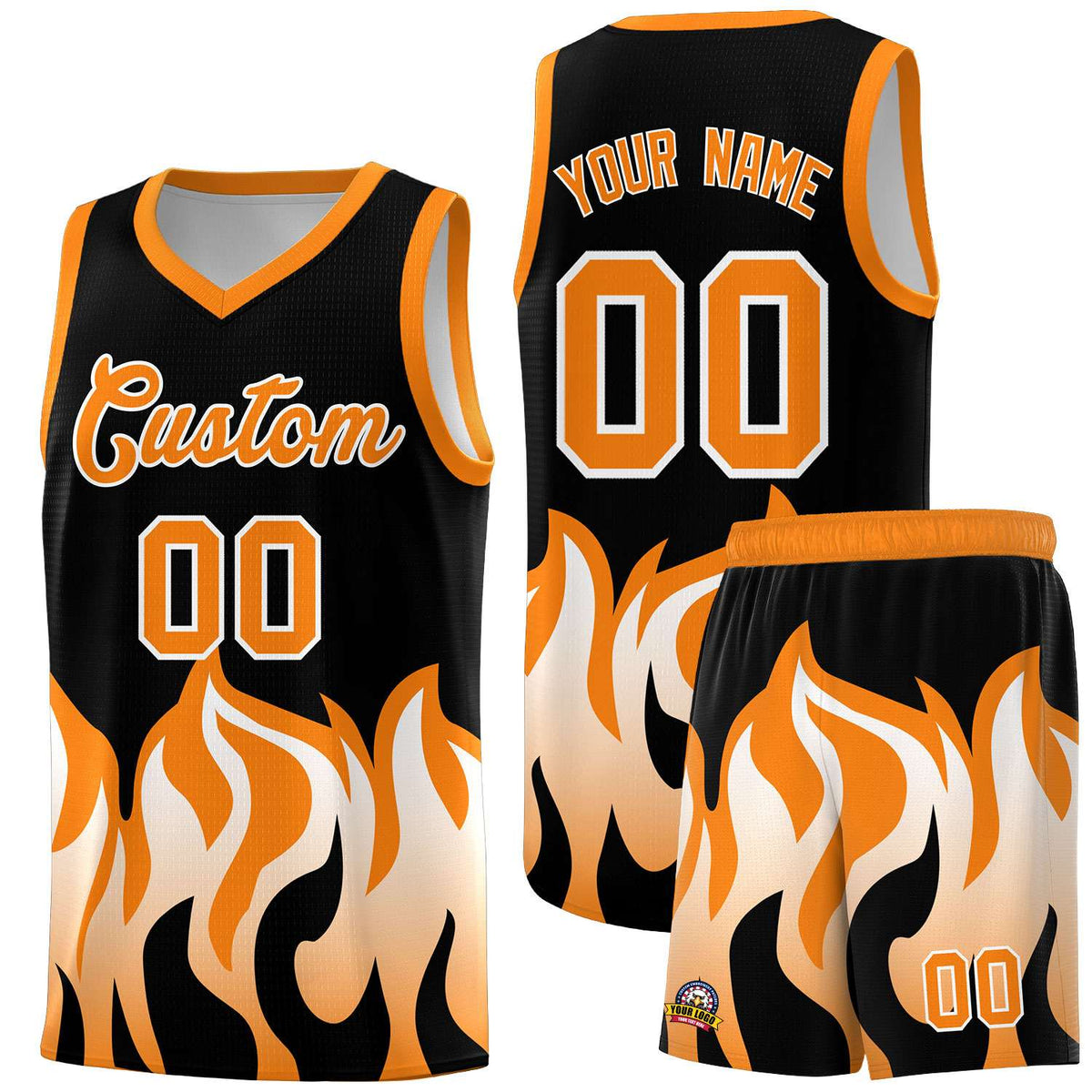 Custom Black Orange Hem Flame Pattern Fashion Sports Uniform Basketball Kits