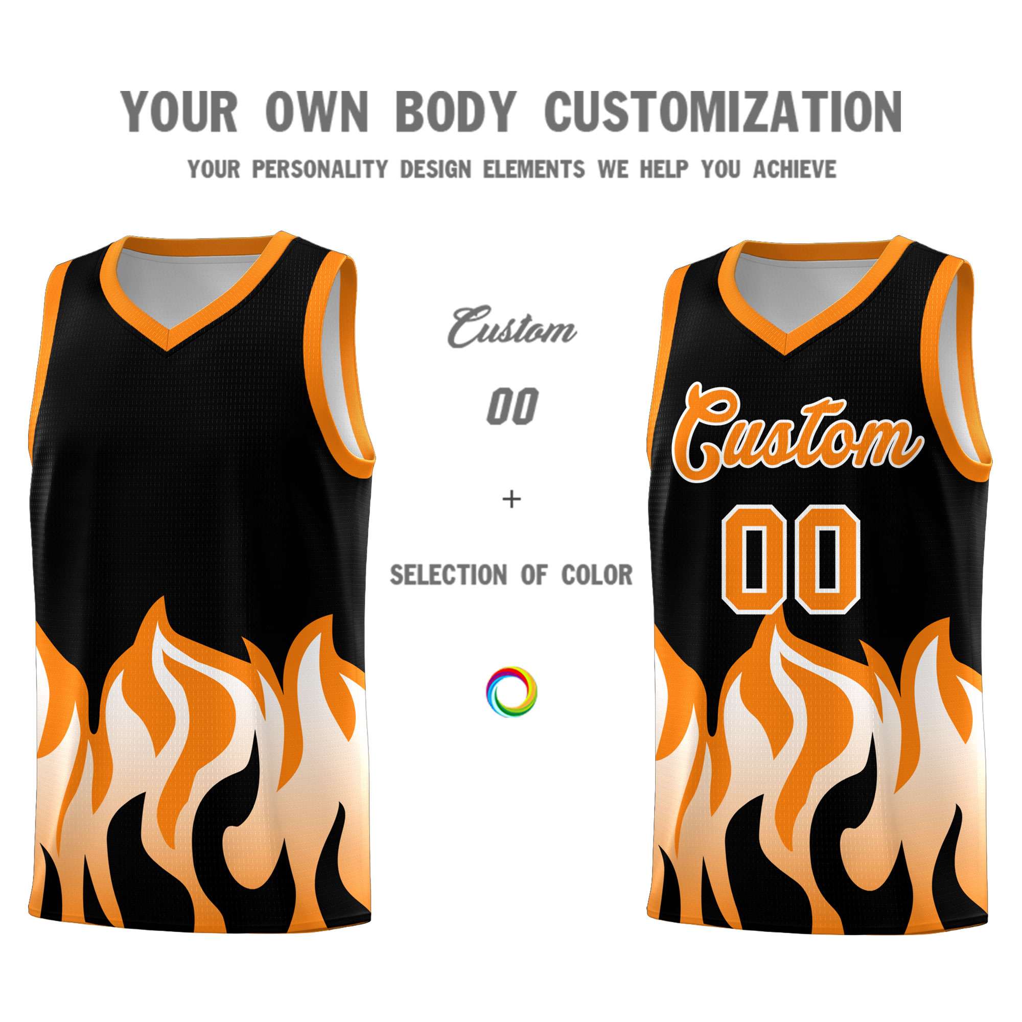 Custom Black Orange Hem Flame Pattern Fashion Sports Uniform Basketball Kits