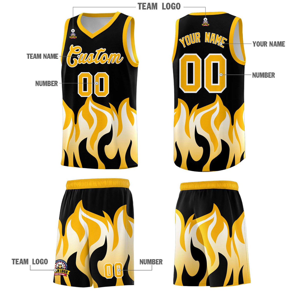 Custom Black Yellow Hem Flame Pattern Fashion Sports Uniform Basketball Kits