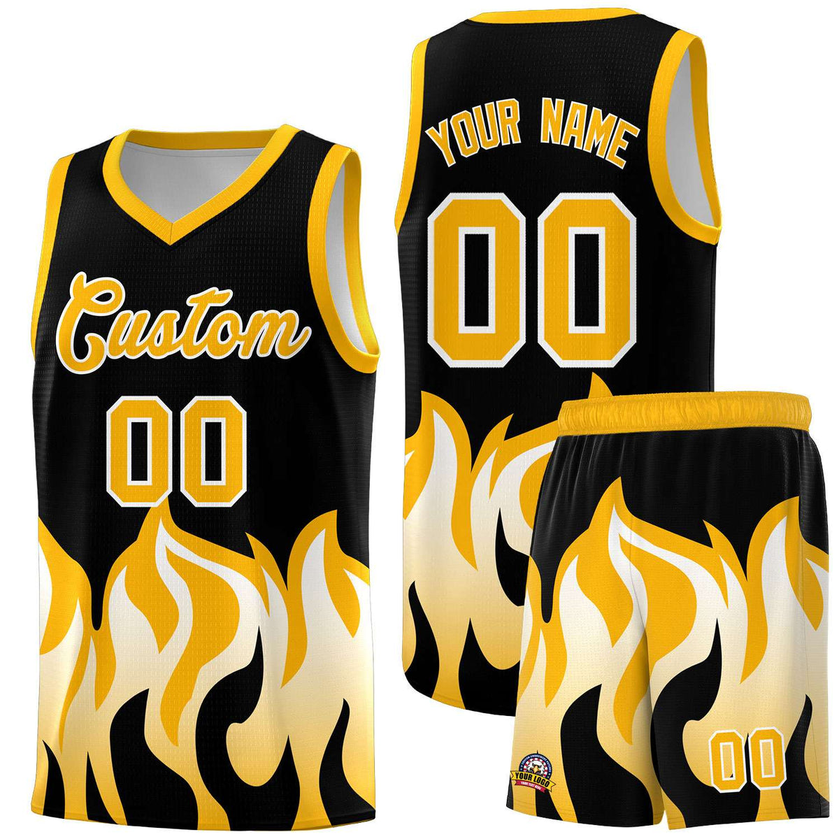 Custom Black Yellow Hem Flame Pattern Fashion Sports Uniform Basketball Kits