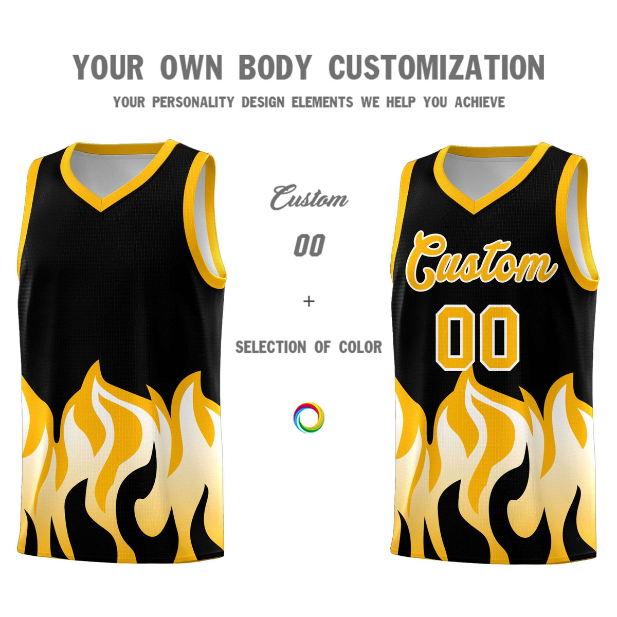 Custom Black Yellow Hem Flame Pattern Fashion Sports Uniform Basketball Kits
