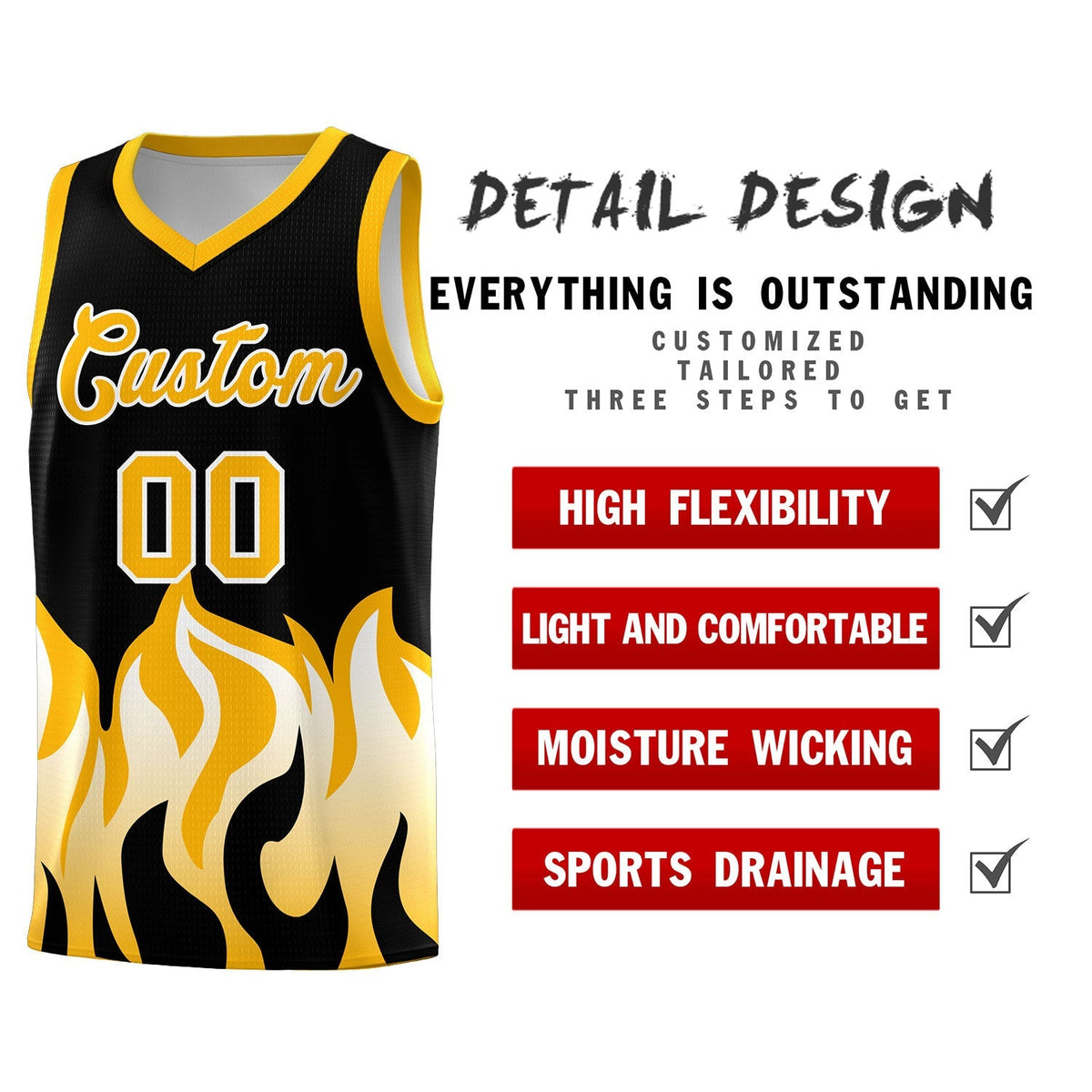 Custom Black Yellow Hem Flame Pattern Fashion Sports Uniform Basketball Kits