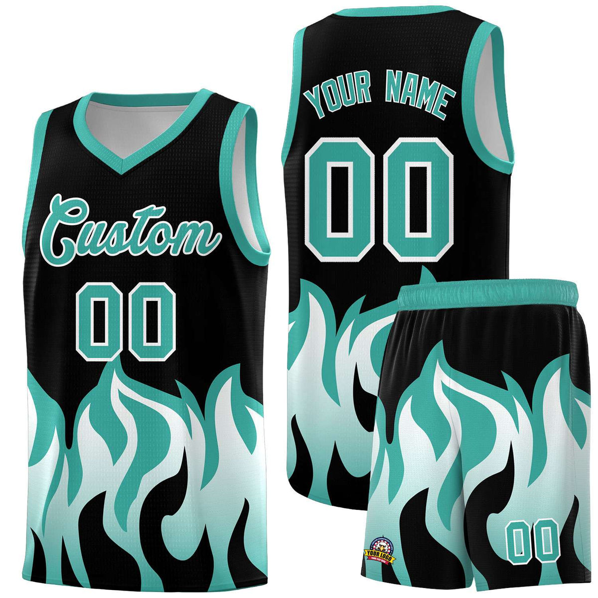 Custom Black Bright Green Hem Flame Pattern Fashion Sports Uniform Basketball Kits