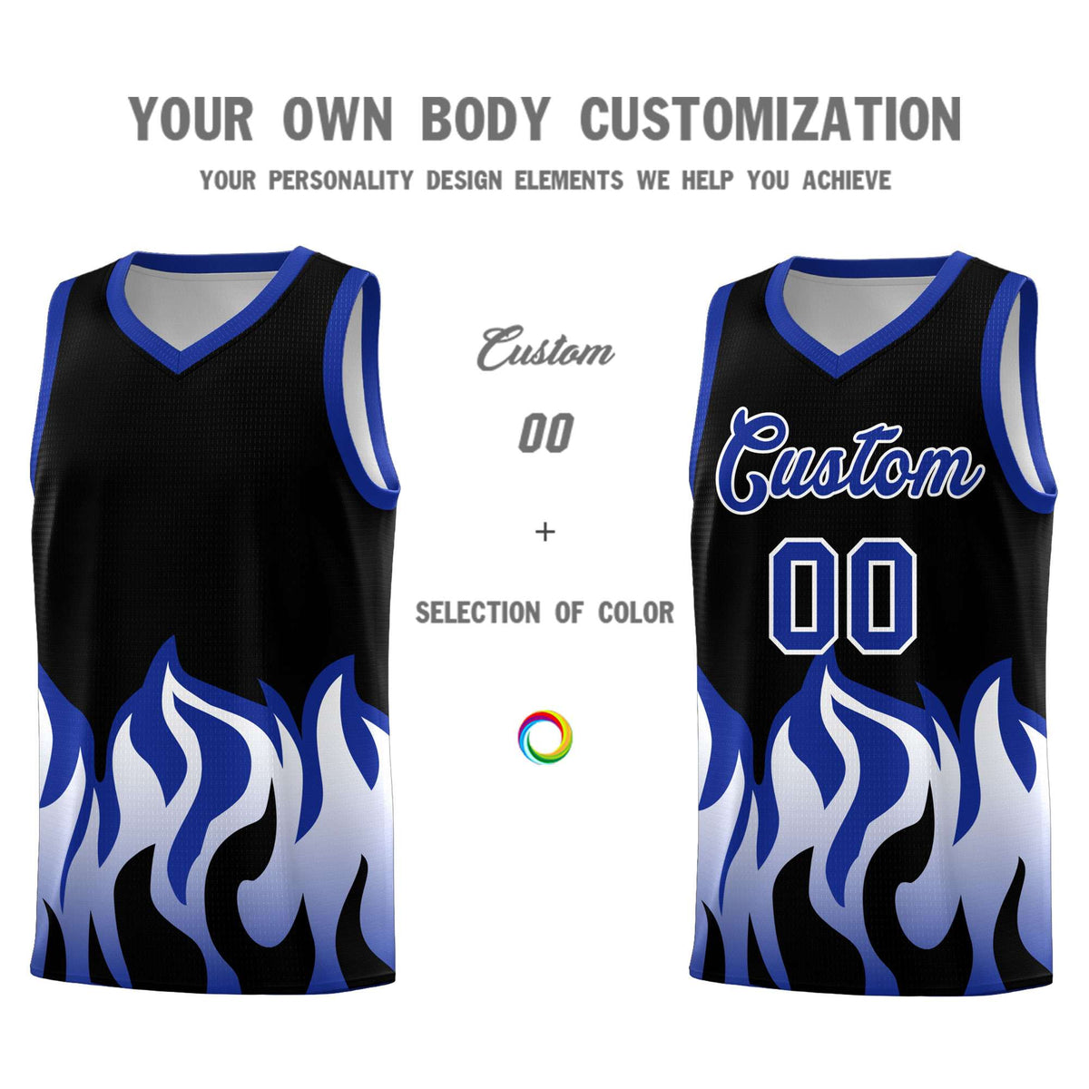 Custom Black Royal Hem Flame Pattern Fashion Sports Uniform Basketball Kits