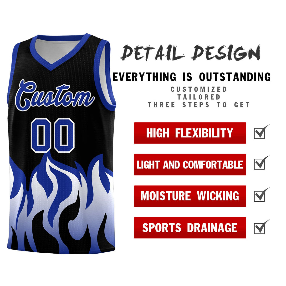 Custom Black Royal Hem Flame Pattern Fashion Sports Uniform Basketball Kits