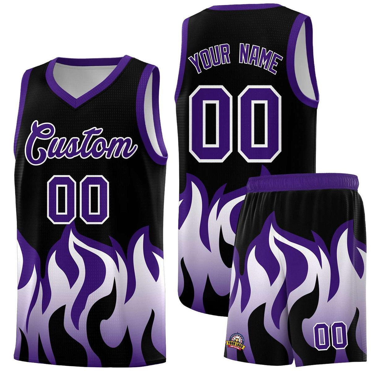 Custom Black Purple Hem Flame Pattern Fashion Sports Uniform Basketball Kits