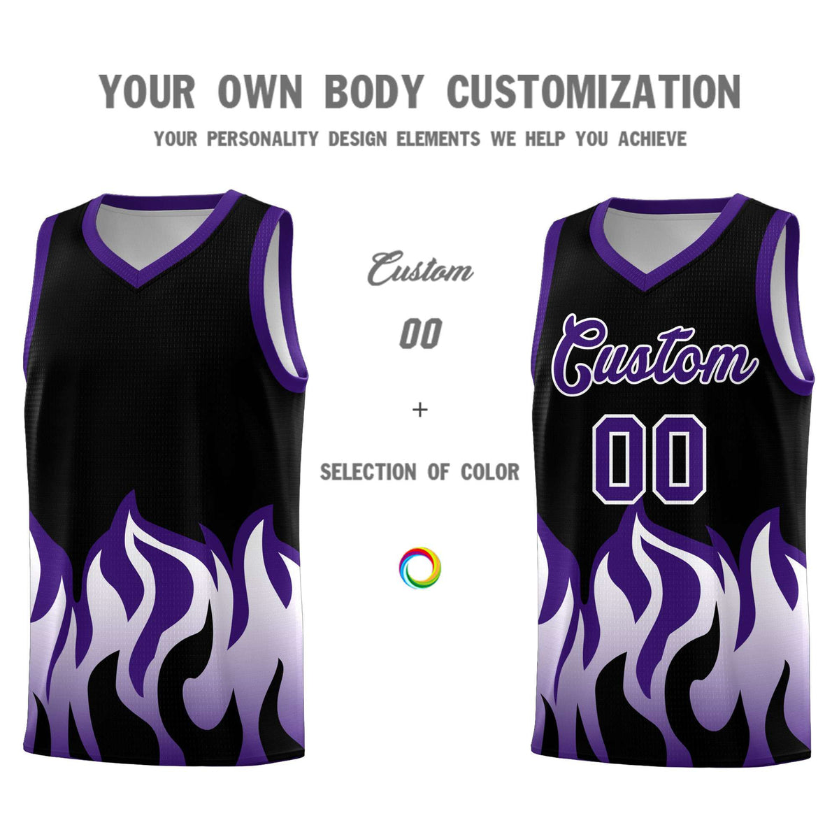 Custom Black Purple Hem Flame Pattern Fashion Sports Uniform Basketball Kits