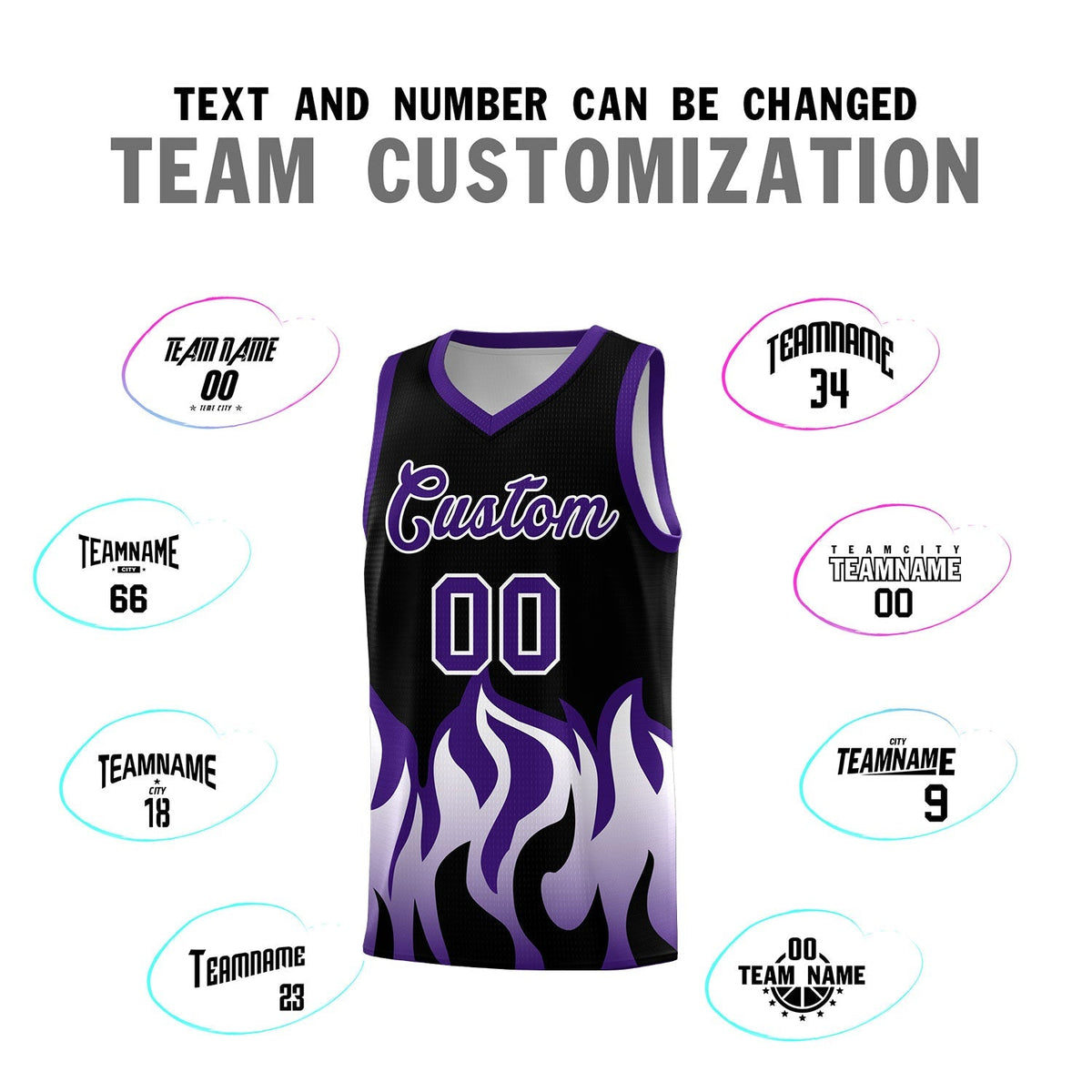 Custom Black Purple Hem Flame Pattern Fashion Sports Uniform Basketball Kits