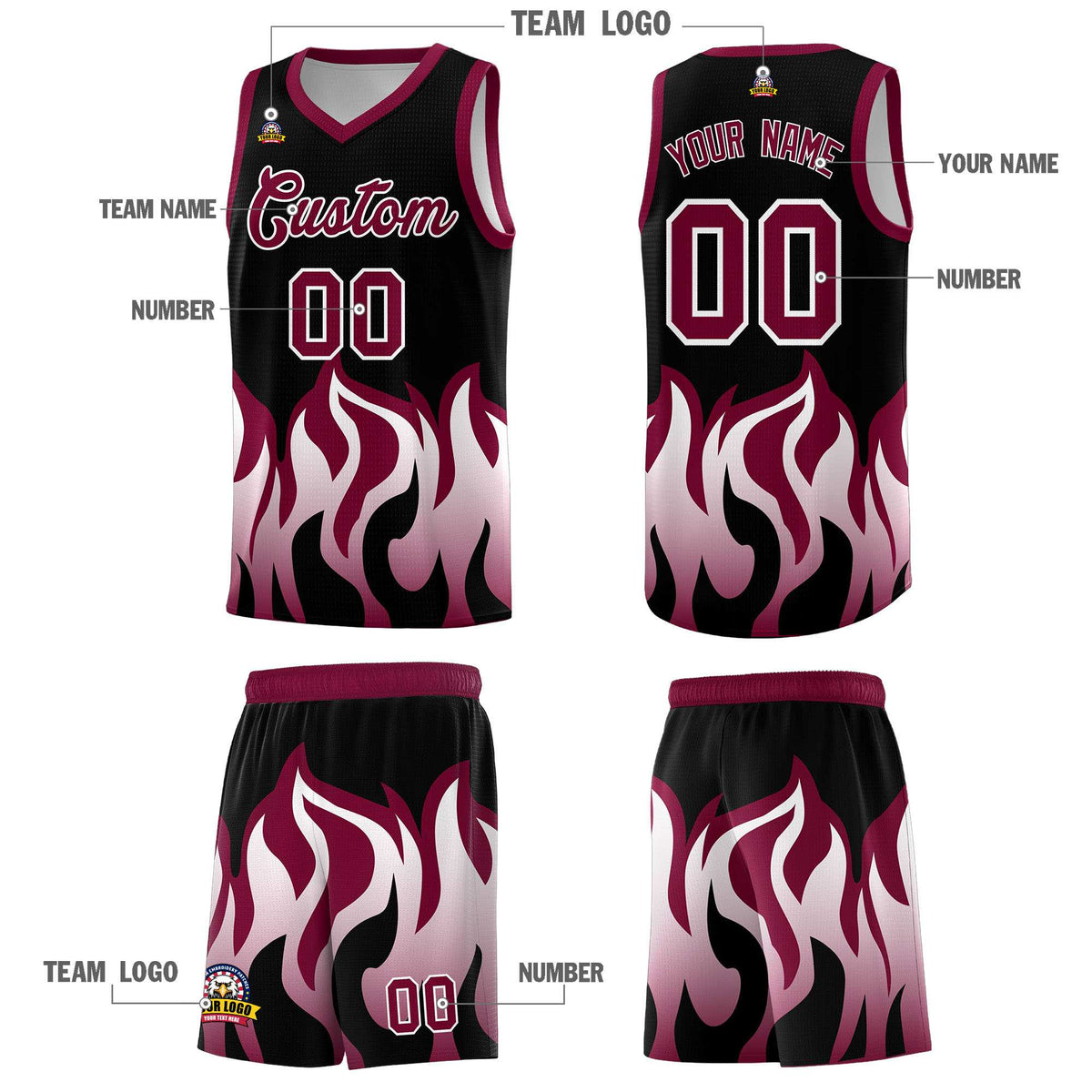Custom Black Crimson Hem Flame Pattern Fashion Sports Uniform Basketball Kits