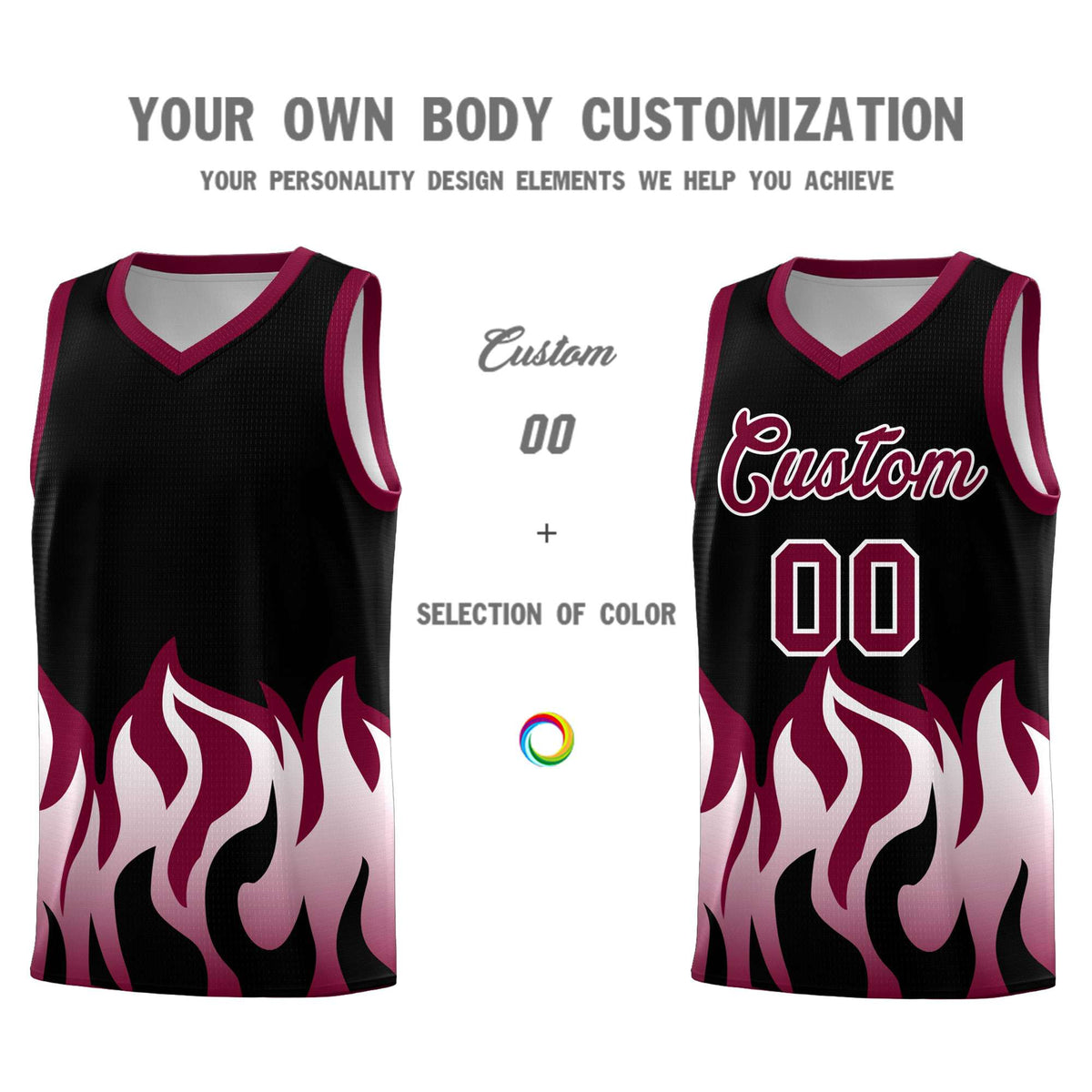 Custom Black Crimson Hem Flame Pattern Fashion Sports Uniform Basketball Kits