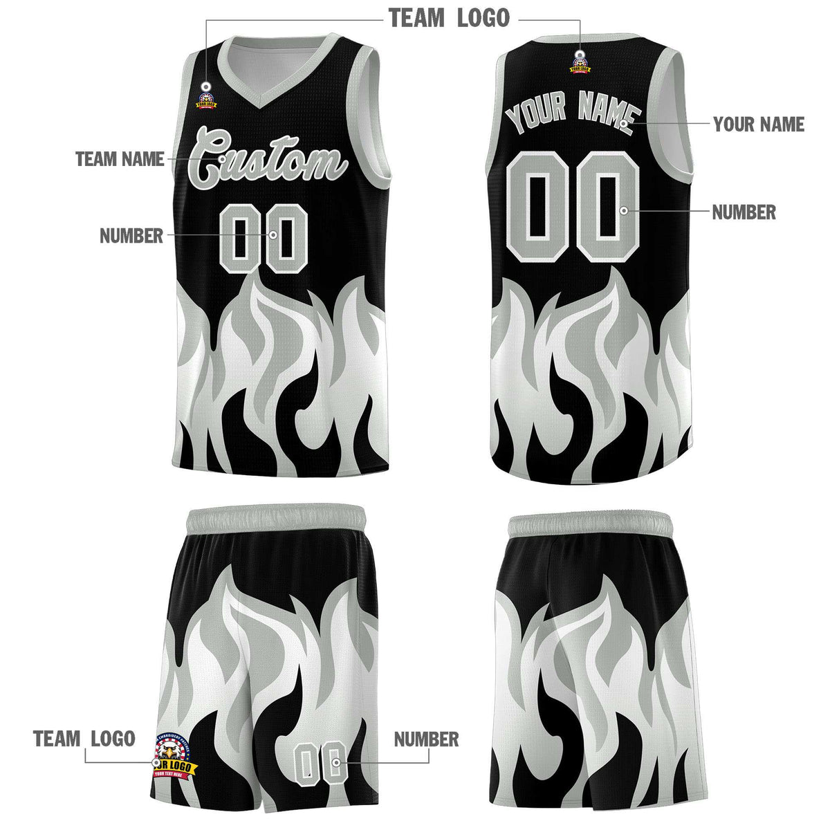 Custom Black Gray Hem Flame Pattern Fashion Sports Uniform Basketball Kits
