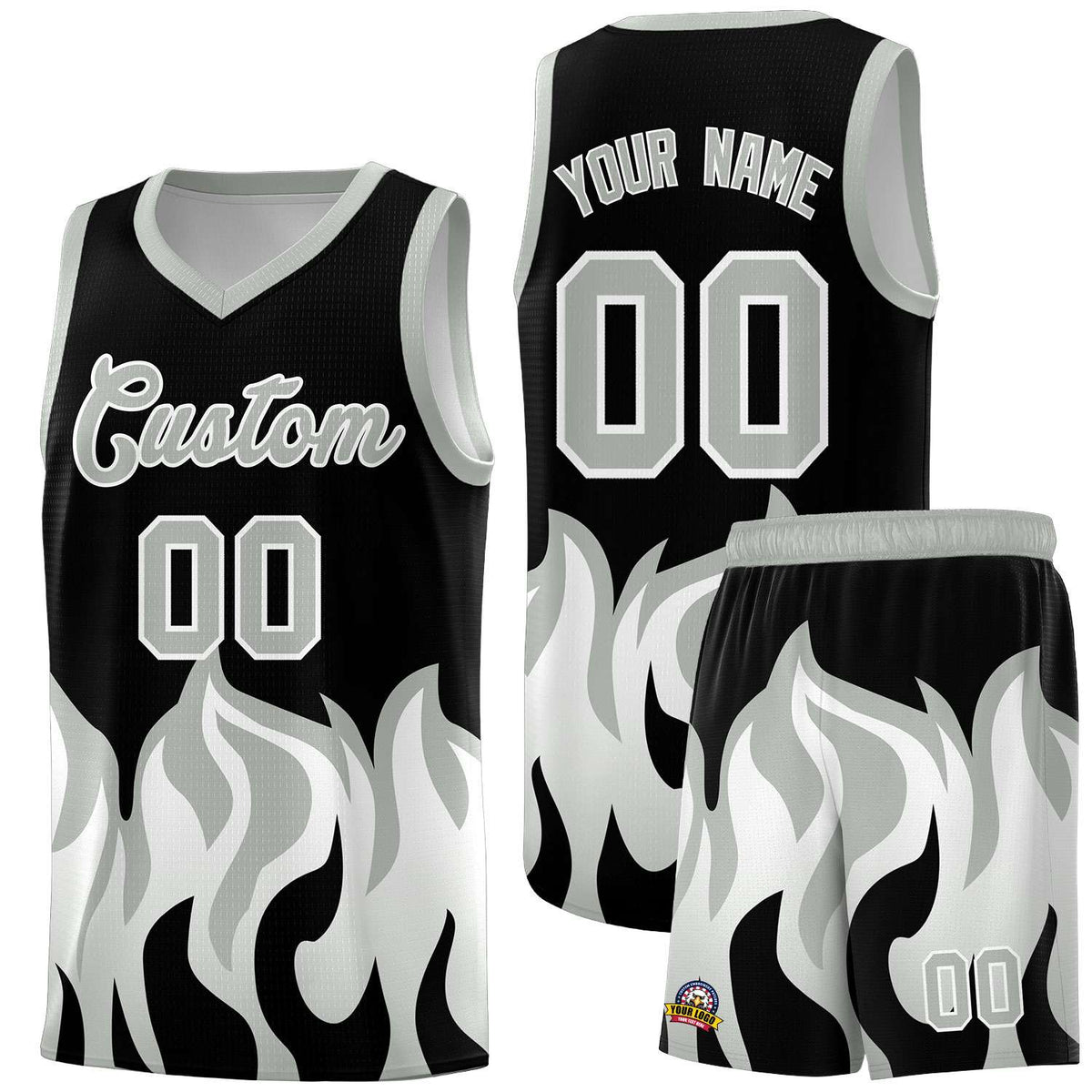 Custom Black Gray Hem Flame Pattern Fashion Sports Uniform Basketball Kits