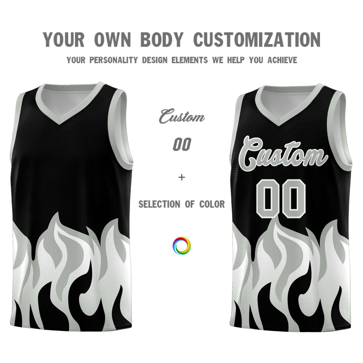 Custom Black Gray Hem Flame Pattern Fashion Sports Uniform Basketball Kits