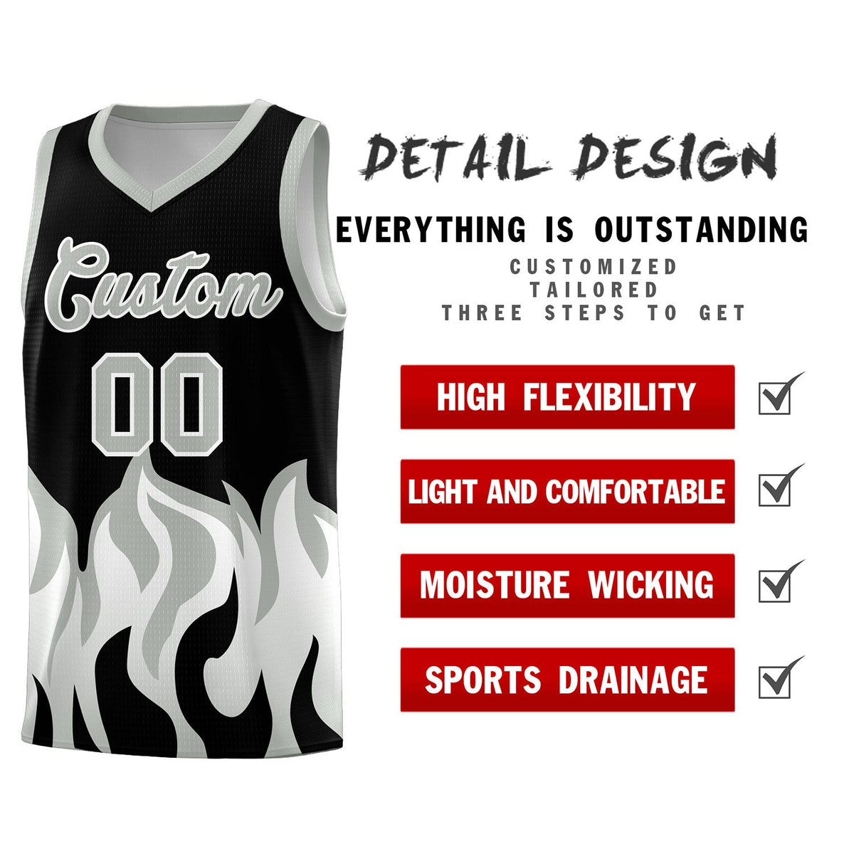 Custom Black Gray Hem Flame Pattern Fashion Sports Uniform Basketball Kits