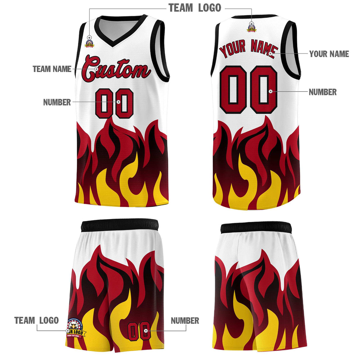 Custom White Red Hem Flame Pattern Fashion Sports Uniform Basketball Kits
