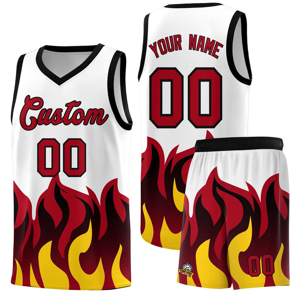 Custom White Red Hem Flame Pattern Fashion Sports Uniform Basketball Kits