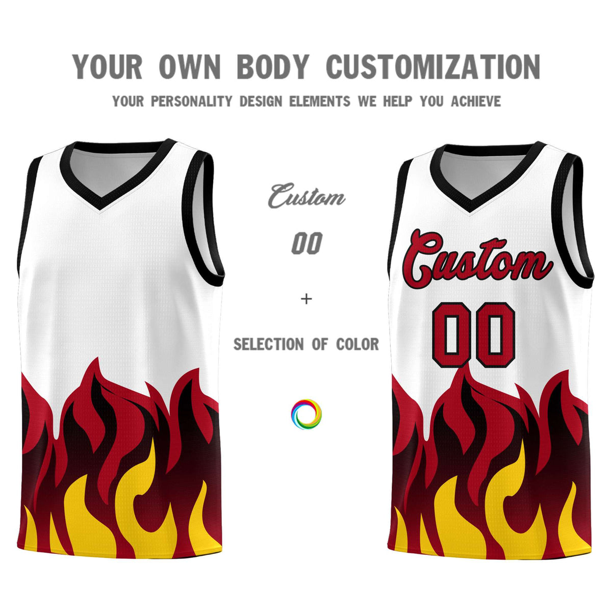 Custom White Red Hem Flame Pattern Fashion Sports Uniform Basketball Kits
