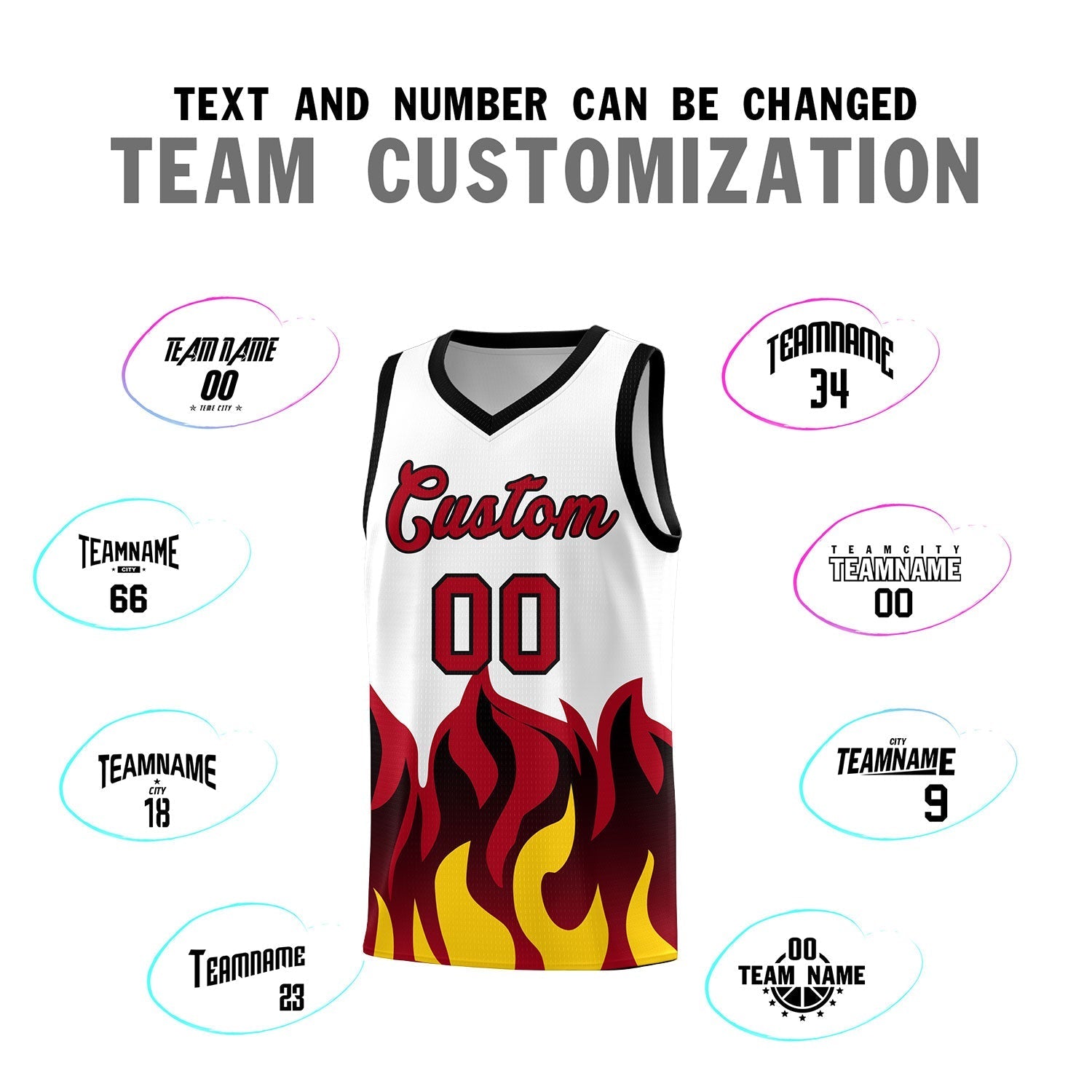 Custom White Red Hem Flame Pattern Fashion Sports Uniform Basketball Kits