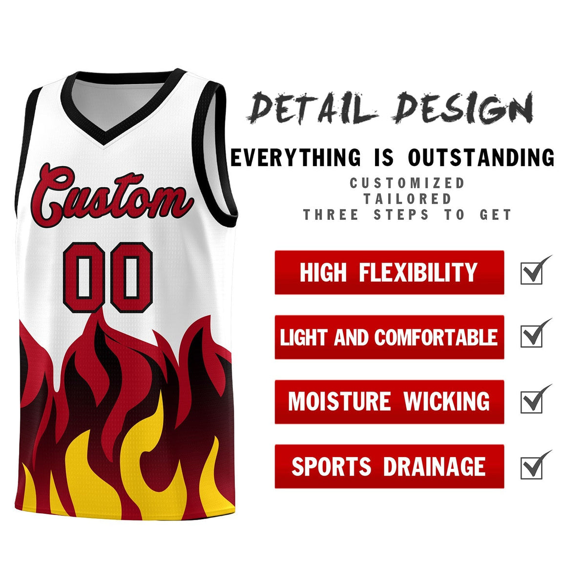 Custom White Red Hem Flame Pattern Fashion Sports Uniform Basketball Kits