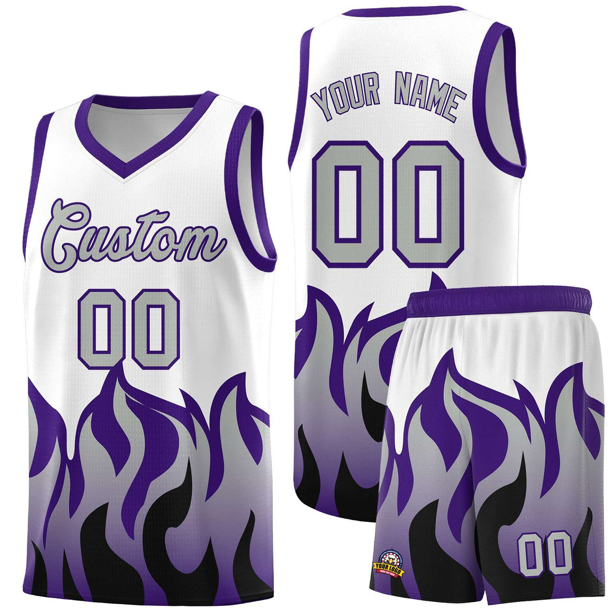 Custom White Purple Hem Flame Pattern Fashion Sports Uniform Basketball Kits