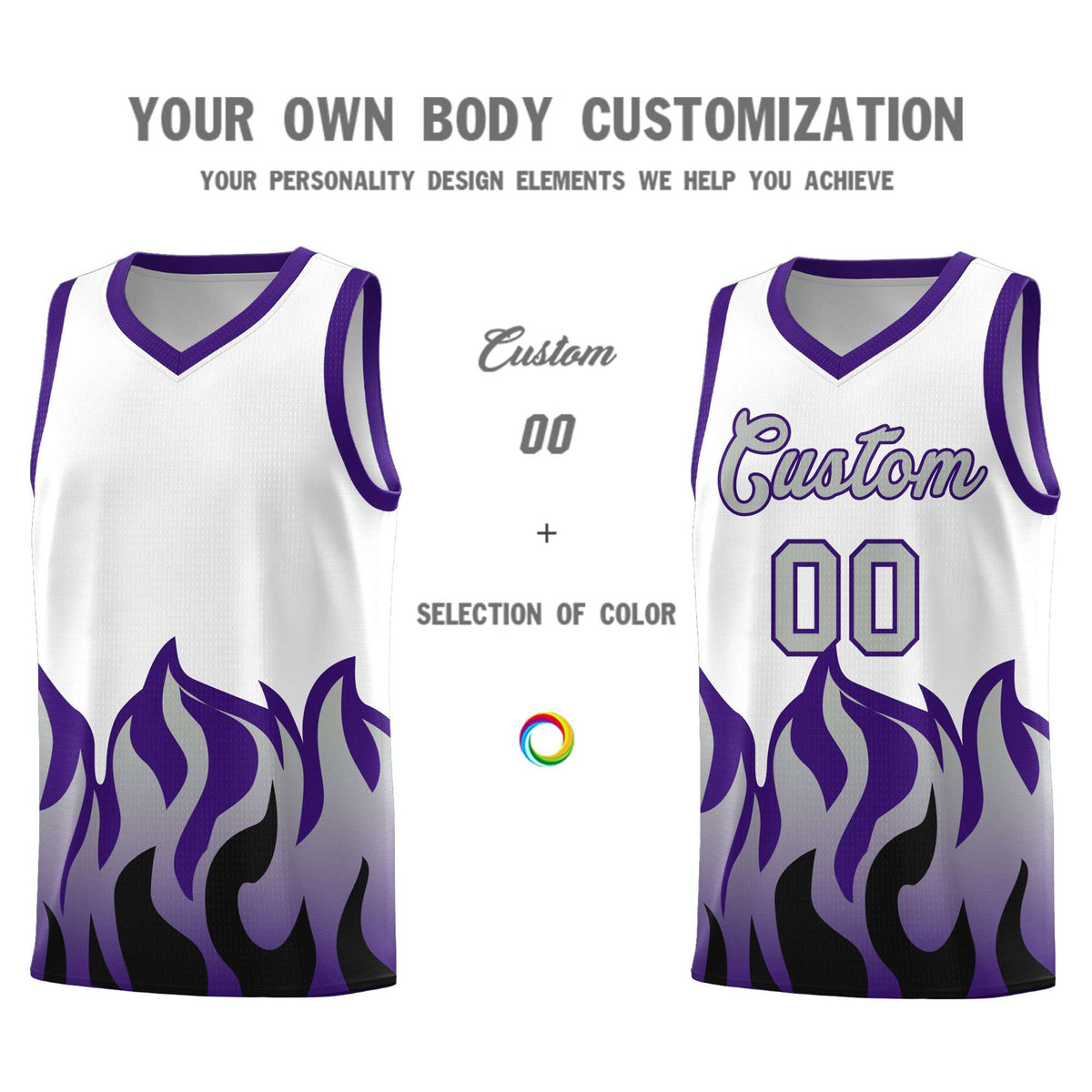 Custom White Purple Hem Flame Pattern Fashion Sports Uniform Basketball Kits