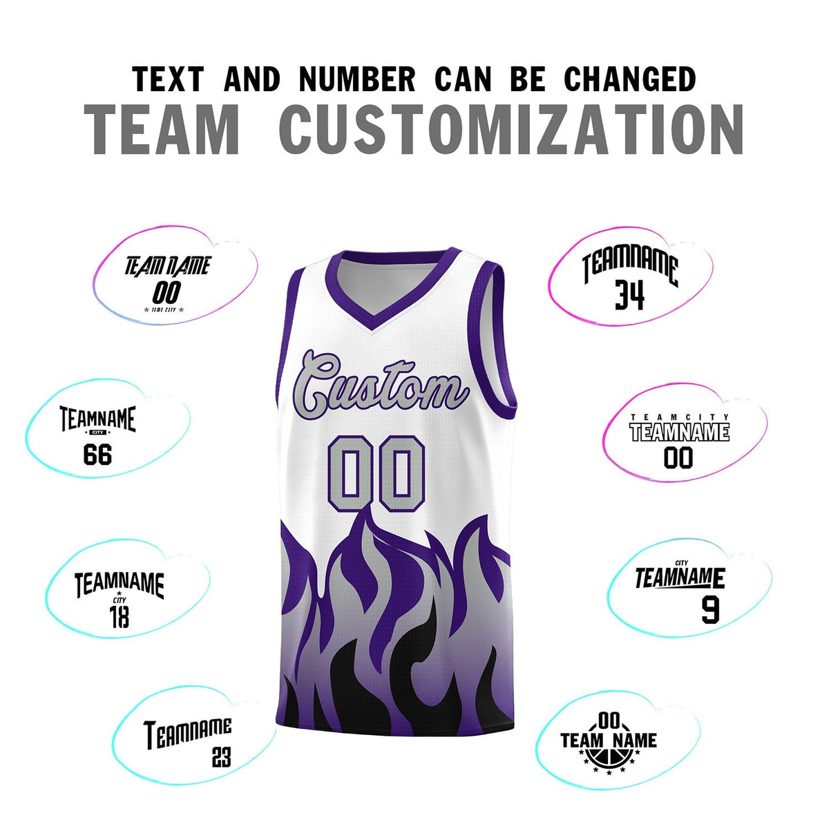 Custom White Purple Hem Flame Pattern Fashion Sports Uniform Basketball Kits