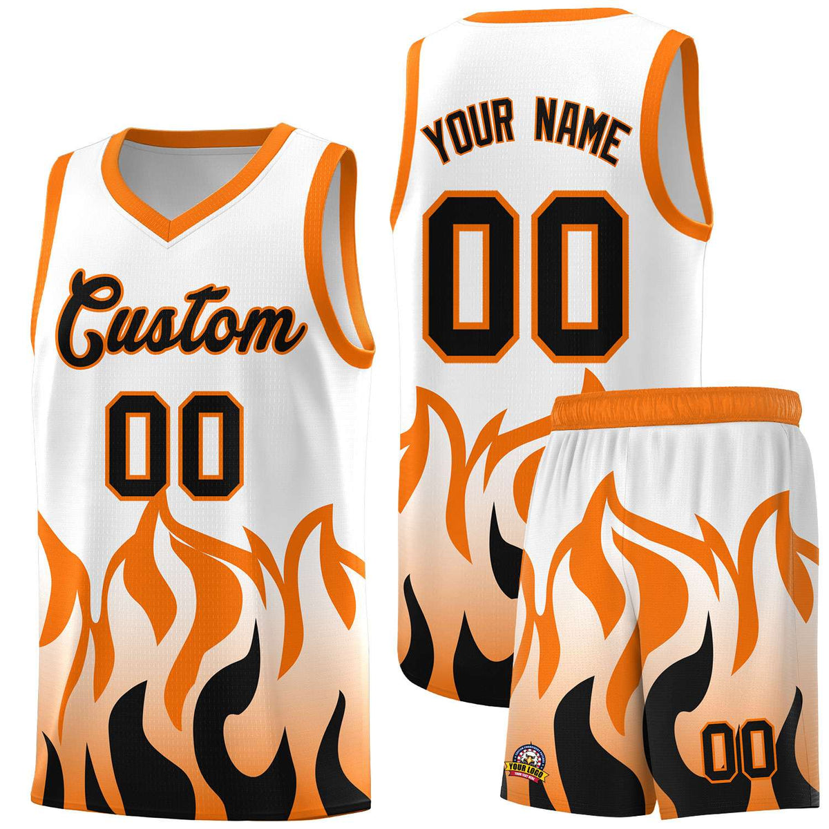 Custom White Orange Hem Flame Pattern Fashion Sports Uniform Basketball Kits