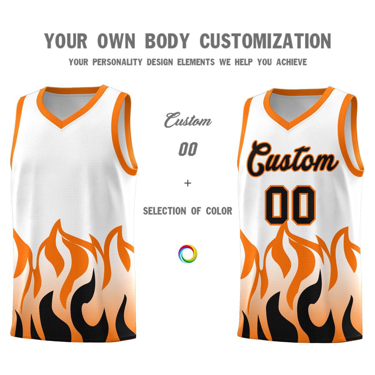 Custom White Orange Hem Flame Pattern Fashion Sports Uniform Basketball Kits