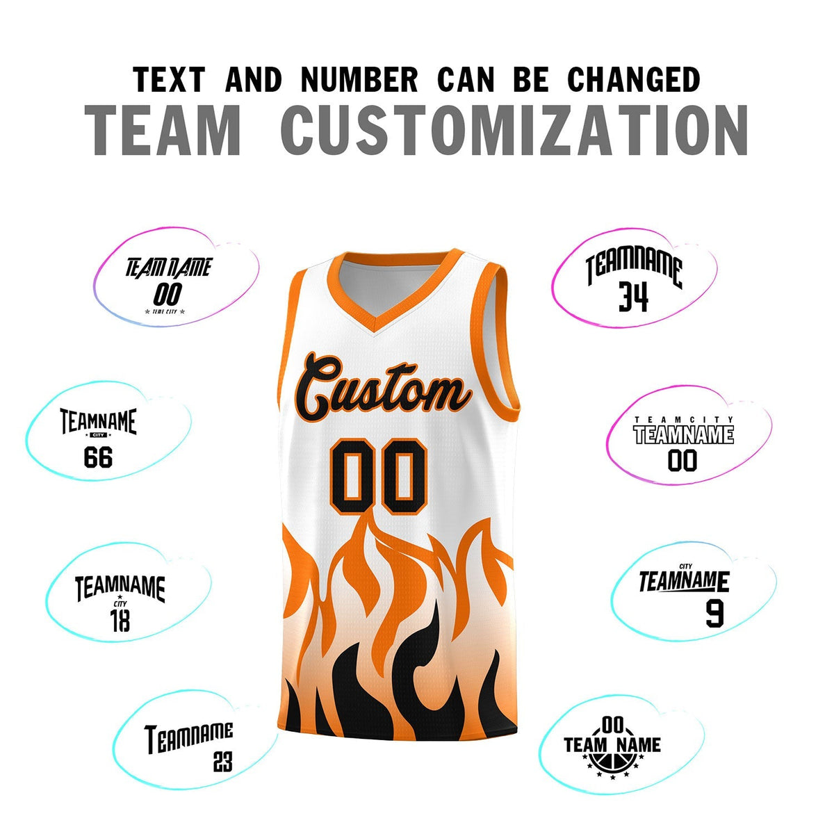 Custom White Orange Hem Flame Pattern Fashion Sports Uniform Basketball Kits
