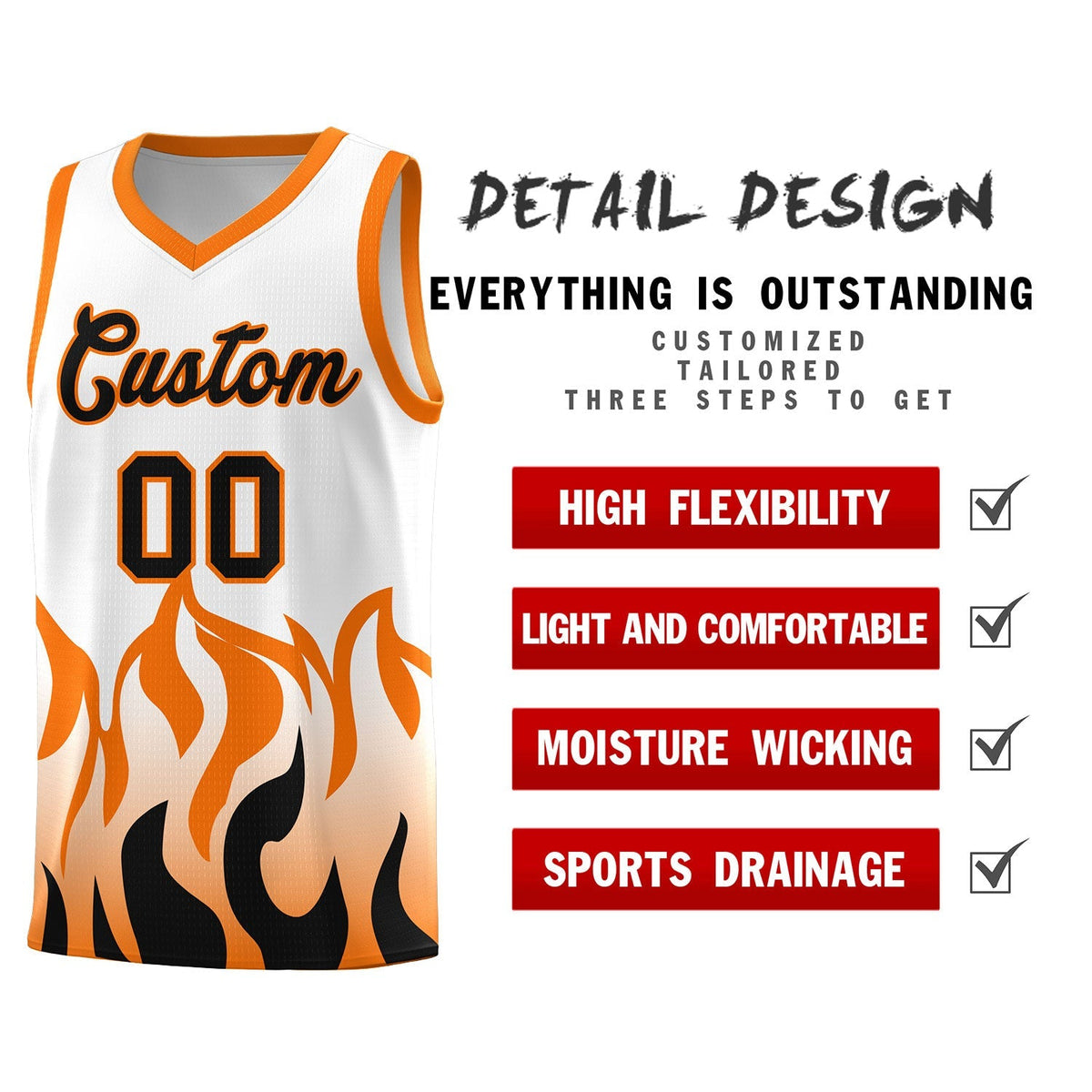 Custom White Orange Hem Flame Pattern Fashion Sports Uniform Basketball Kits