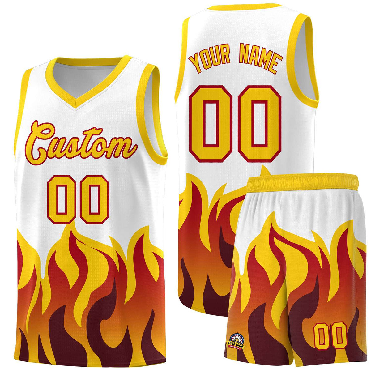 Custom White Gold Hem Flame Pattern Fashion Sports Uniform Basketball Kits