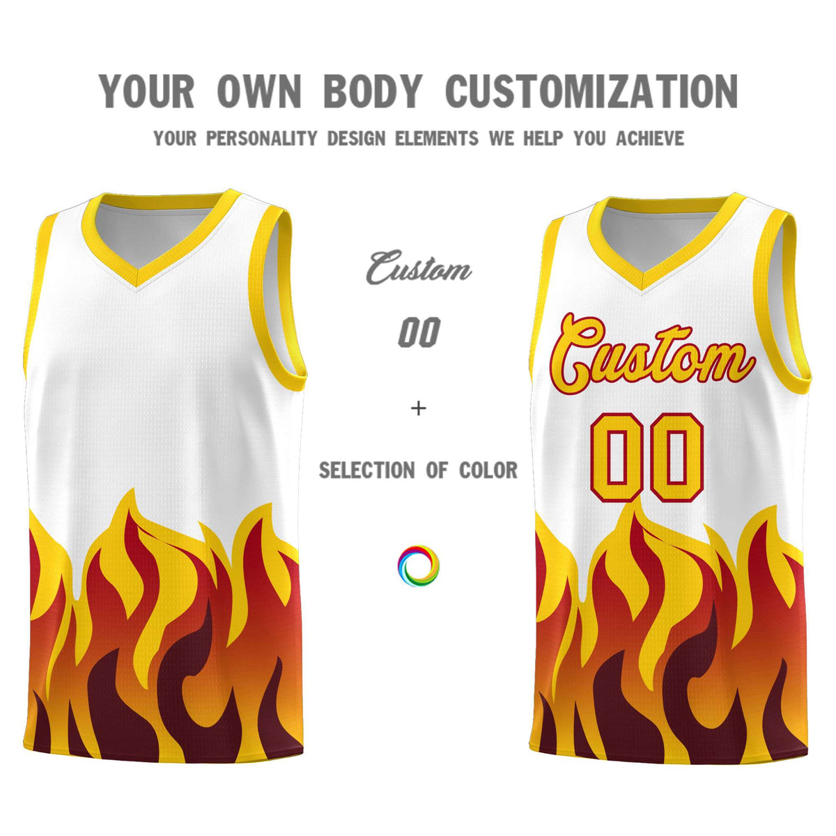 Custom White Gold Hem Flame Pattern Fashion Sports Uniform Basketball Kits