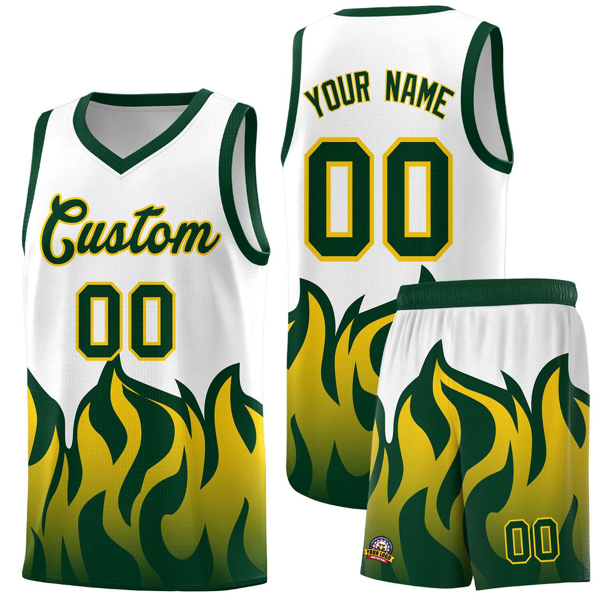 Custom White Hunter Green Hem Flame Pattern Fashion Sports Uniform Basketball Kits