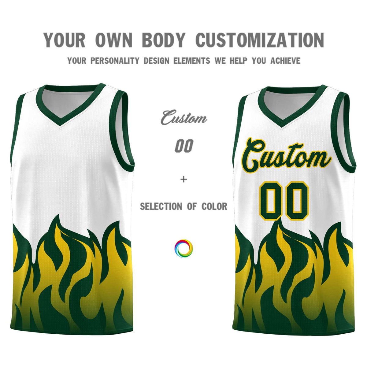 Custom White Hunter Green Hem Flame Pattern Fashion Sports Uniform Basketball Kits