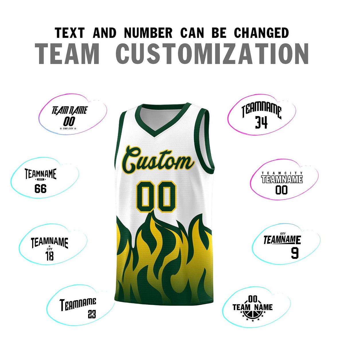 Custom White Hunter Green Hem Flame Pattern Fashion Sports Uniform Basketball Kits